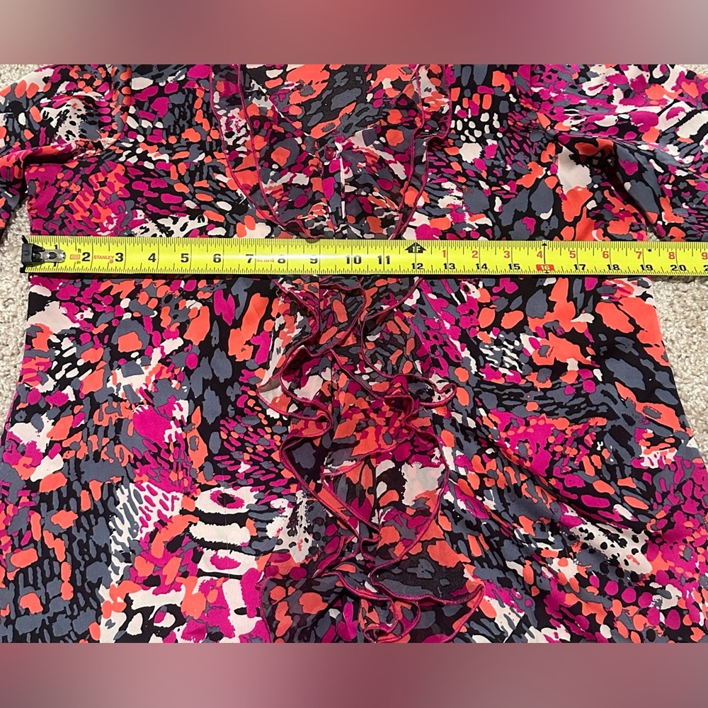 D. Rodriguez Geometric Colorful Blouse Size Large Button Up Ruffle Front - Picture 4 of 6